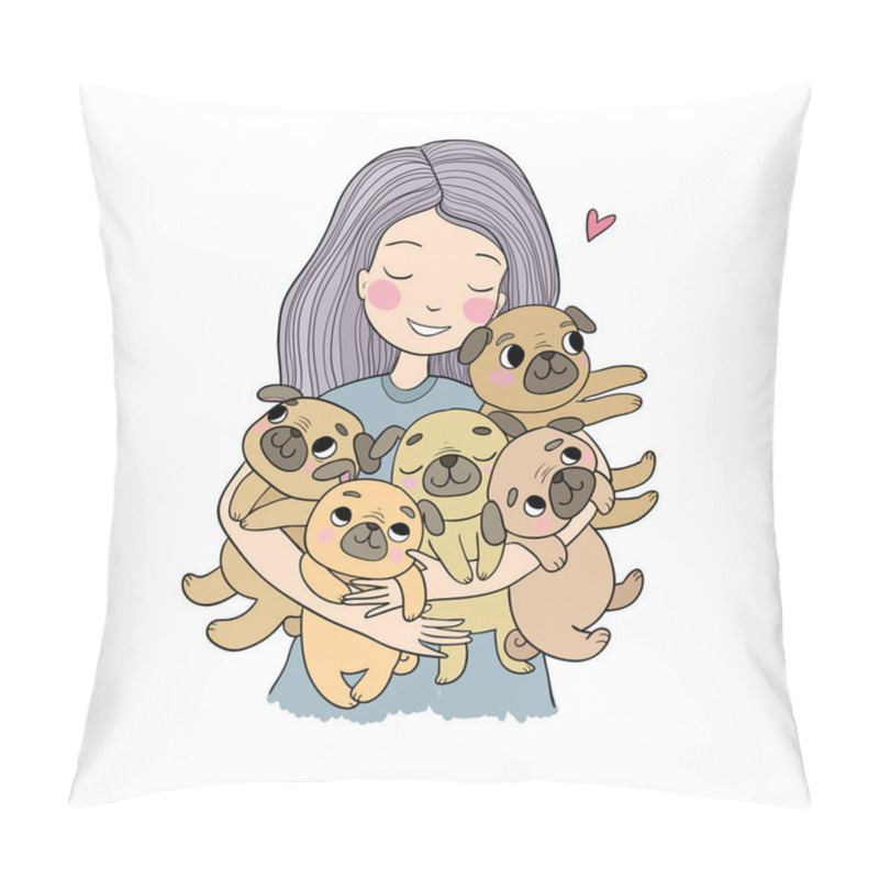 Personality  Girl With Funny Cute Pugs. Cartoon Cheerful Dogs. Five Puppies. Pillow Covers