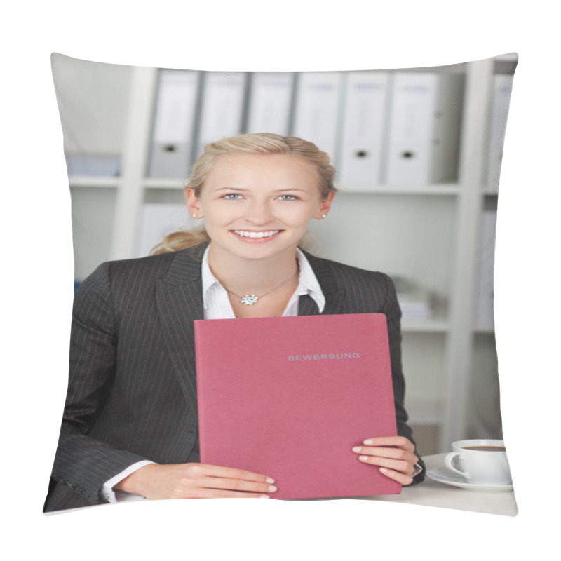 Personality  Young Confident Businesswoman Holding Application File At Desk Pillow Covers