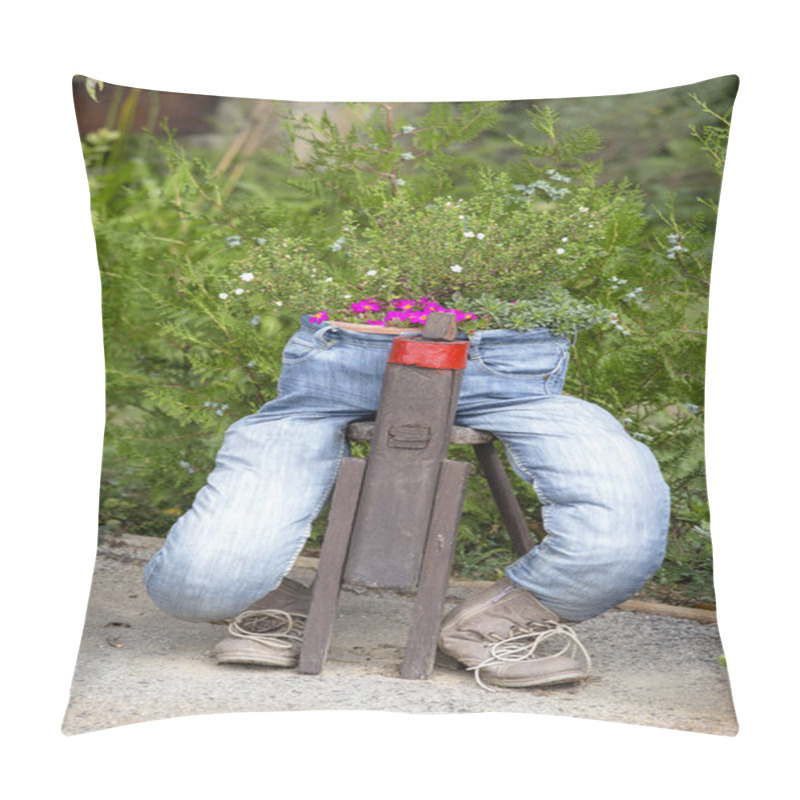 Personality  Decorative Flowerpot In The Garden Of Jeans Trousers And Shoes. Heviz, Hungary Pillow Covers