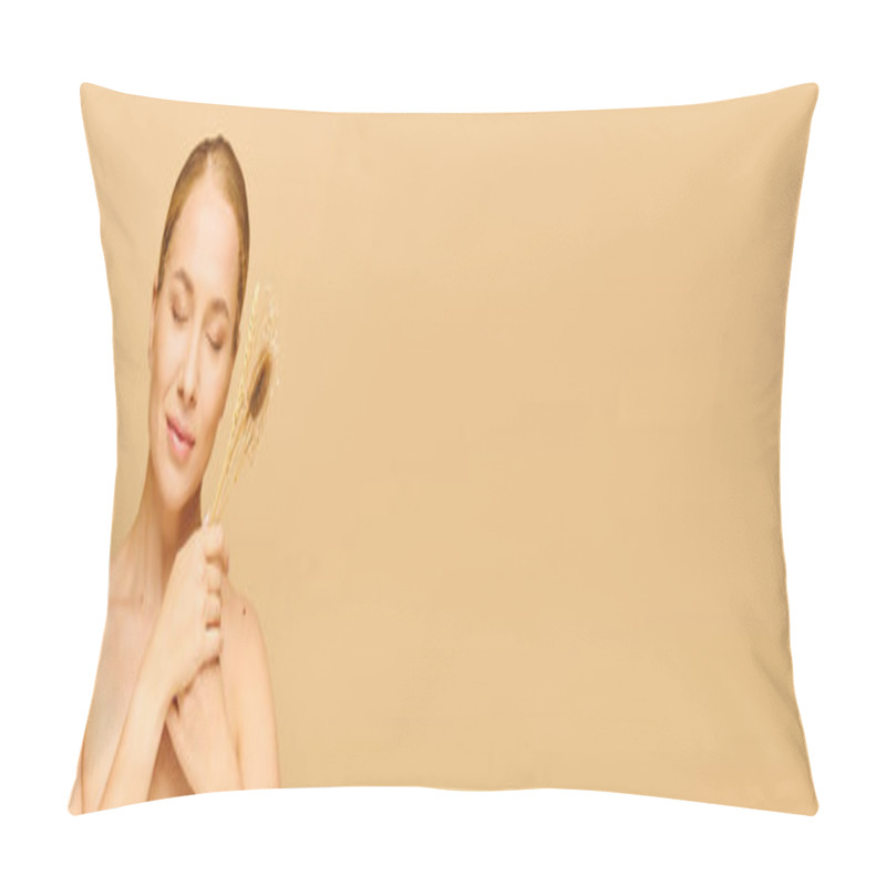 Personality  A Young Woman Embraces A Bundle Of Dried Flowers With A Gentle Smile, Radiating Peace. Pillow Covers