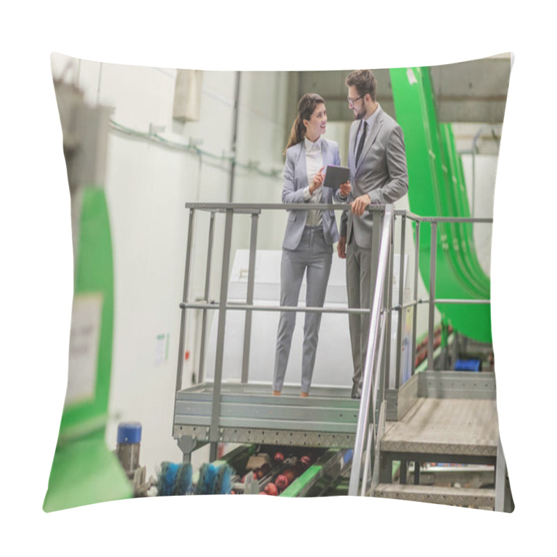 Personality  Factory Management. Businesspeople Checks The Condition Of The Machine For Automatic Washing Of Apples. Man And A Woman In A Suit Stand On The Stairs And Monitor The Process While Holding A Tablet Pillow Covers