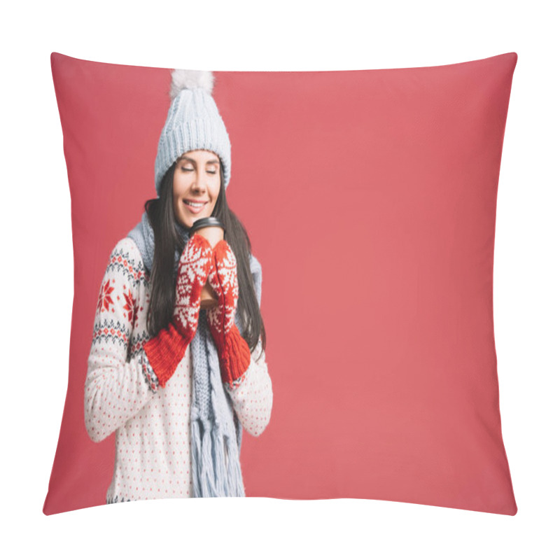 Personality  Happy Woman In Winter Hat, Scarf And Mittens Holding Coffee To Go, Isolated On Red Pillow Covers