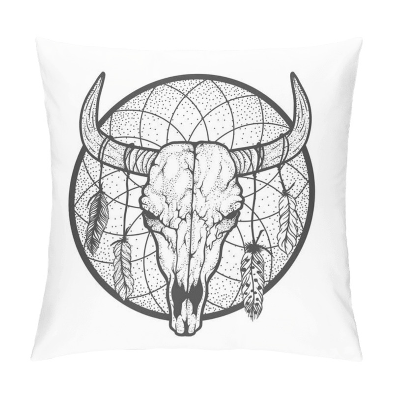 Personality  Bull Skull With Feathers Native Americans Tribal Style. Tattoo Blackwork. Vector Hand Drawn Illustration. Boho Design Pillow Covers