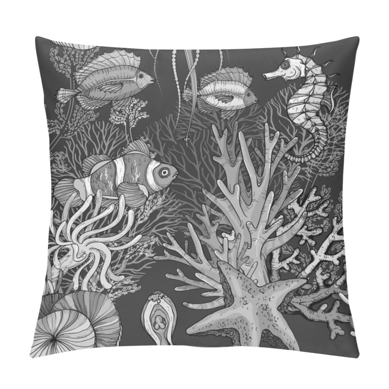 Personality  Seamless Pattern With Ocean Marine Life, Clown Fish In Anemones, Black And White Pillow Covers