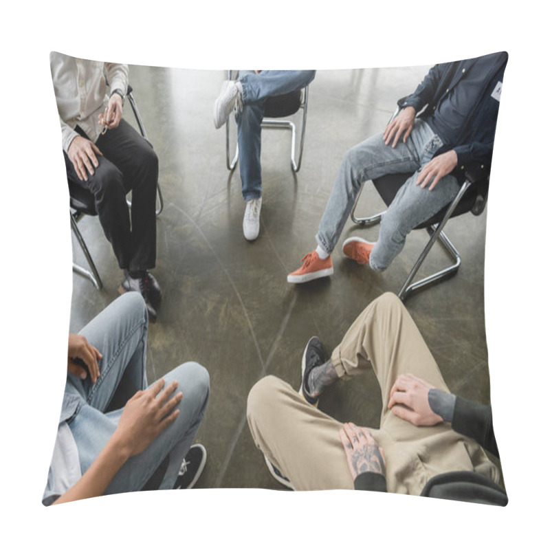 Personality  Cropped View Of Interracial Men Sitting On Chairs During Alcoholics Meeting Session In Rehab Center  Pillow Covers