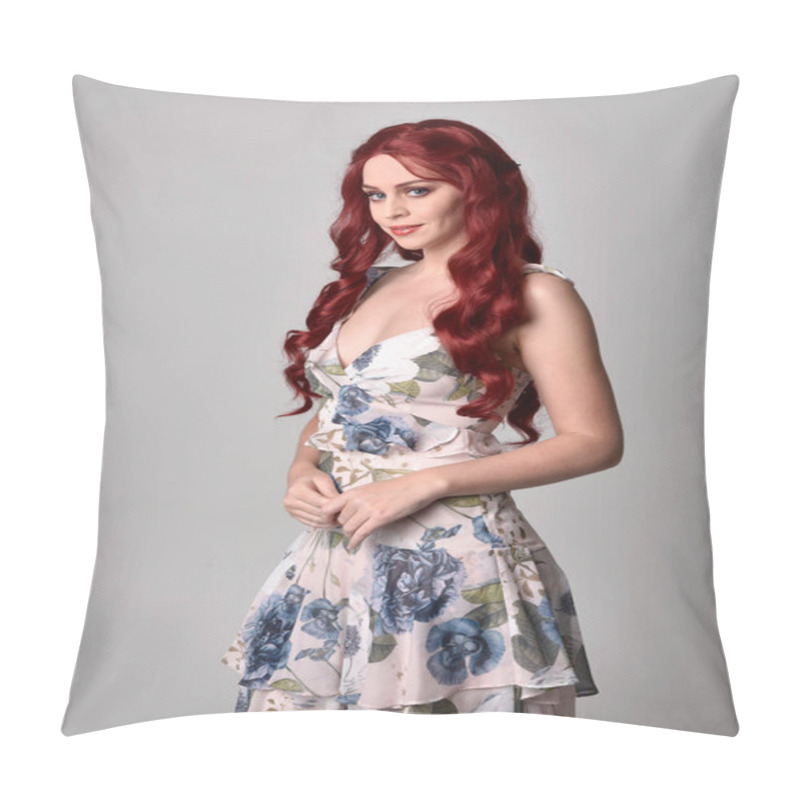 Personality  Portrait Of A Beautiful Woman With Red Hair Wearing  A  Flowing Floral Gown.  3/4 Pose, Isolated Against A Studio Background Pillow Covers