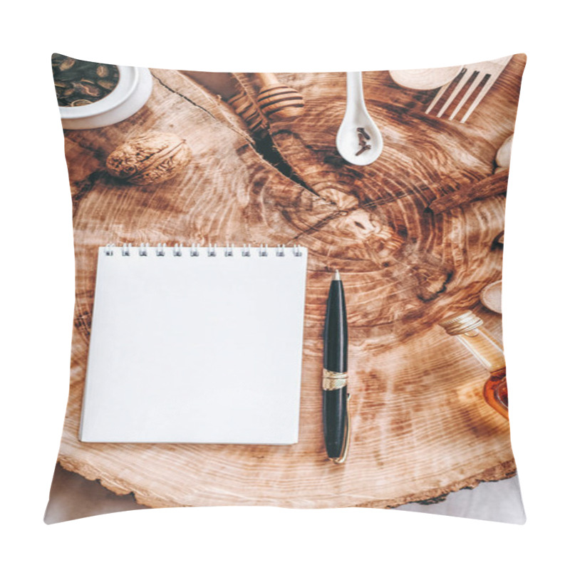 Personality  Sawed Wood With Notebook, Pen And Different Elements On Background Pillow Covers