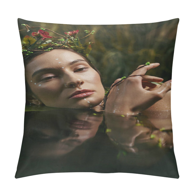 Personality  A Woman With A Floral Crown Poses In A Swamp, Her Reflection Visible In The Murky Water. Pillow Covers