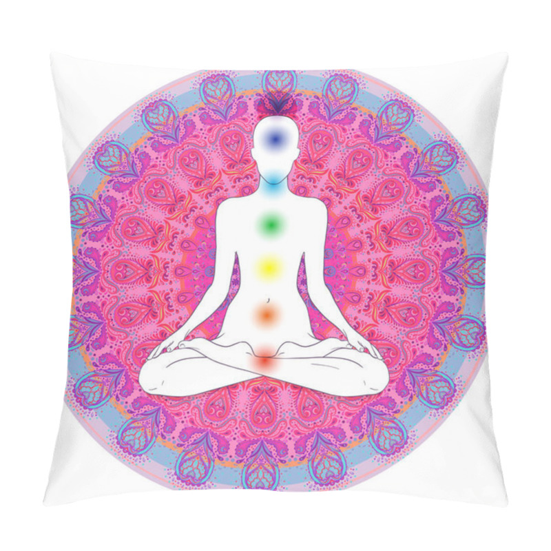 Personality  Chakra Concept. Inner Love, Light And Peace.  Buddha Silhouette In Lotus Position Over Colorful Ornate Mandala. Vector Illustration Isolated. Buddhism Esoteric Motifs. Tattoo, Spiritual Yoga. Pillow Covers