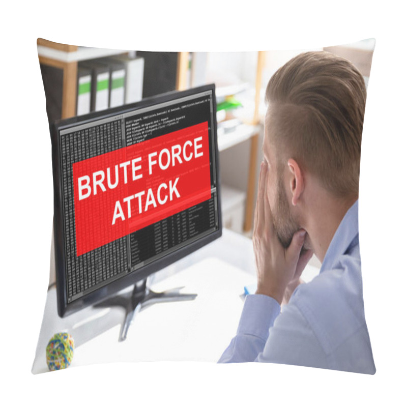 Personality  Sider View Of An Upset Businessman Looking At Computer Screen With Brute Force Attack Message Pillow Covers