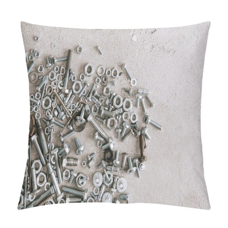 Personality  Top View Of Metal Screws And Nails Scattered On Grey Background Pillow Covers