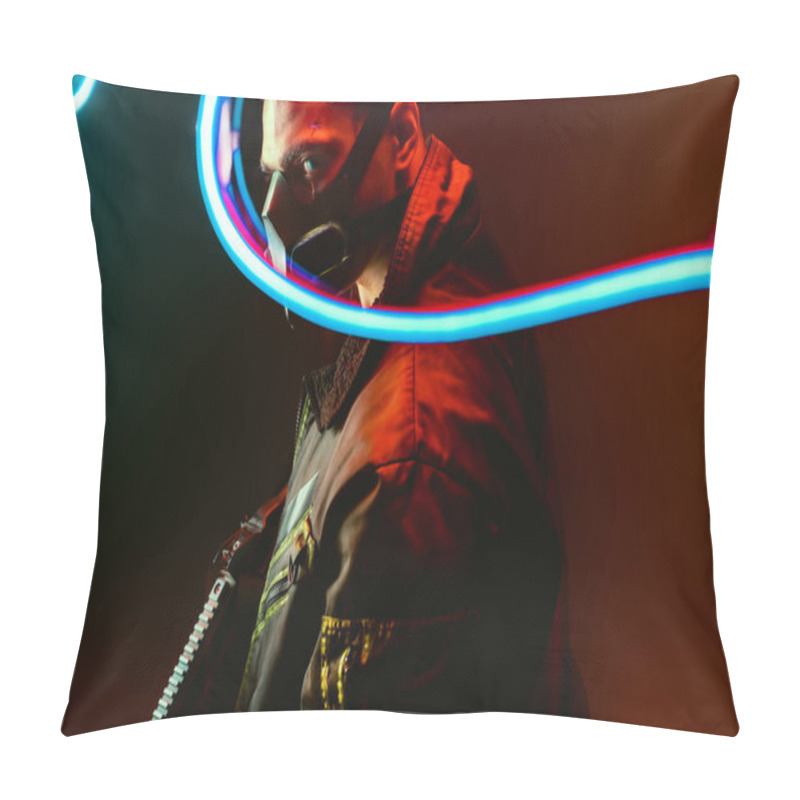 Personality  Selective Focus Of Dangerous Mixed Race Cyberpunk Player In Mask Holding Gun Near Blue Neon Lighting On Black  Pillow Covers