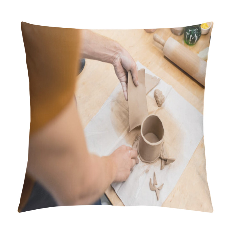 Personality  Top View Of Man Holding Sliced Piece Of Clay Near Shaped Cup And Rolling Pin Pillow Covers