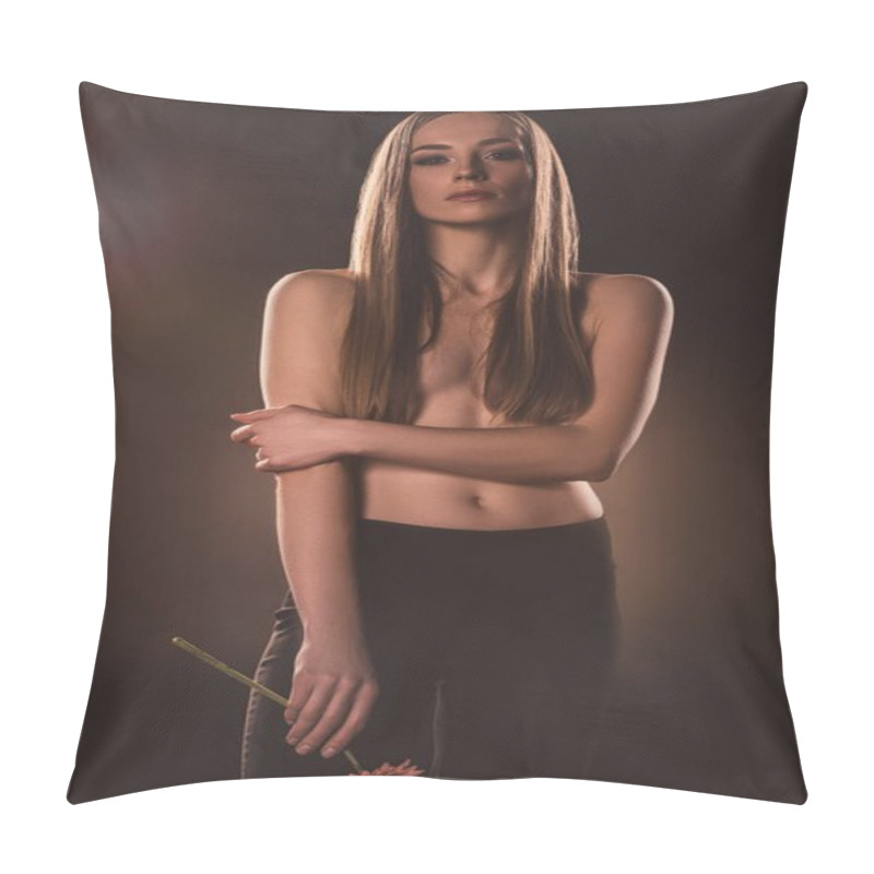 Personality  Attractive Sensual Girl With Long Hair Holding Flower, On Brown Pillow Covers