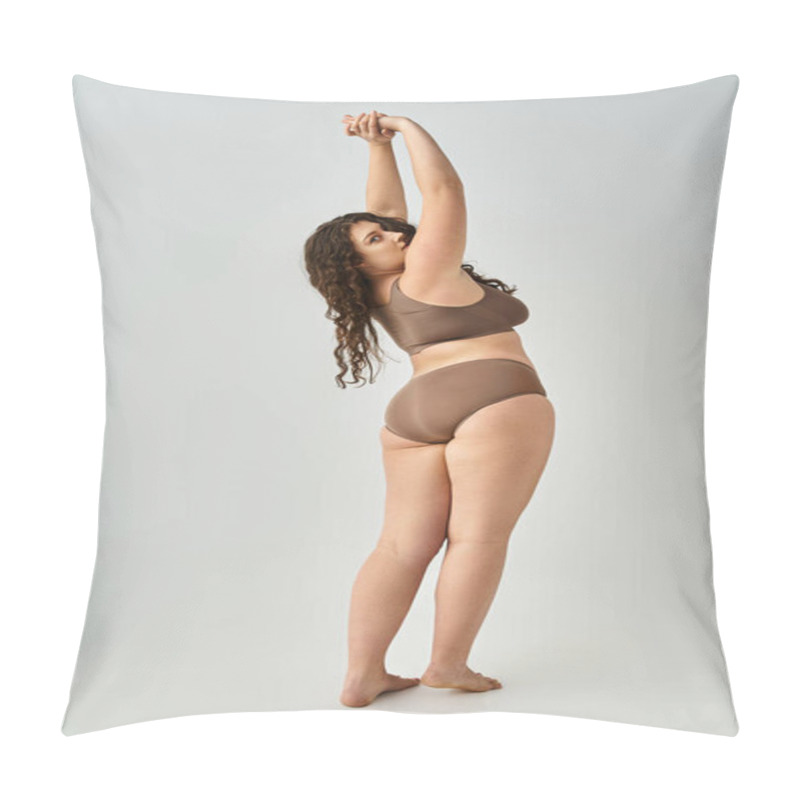 Personality  Beautiful Curvy Girl In Underwear With Curly Brown Hair From Back Putting Hands To Up Pillow Covers