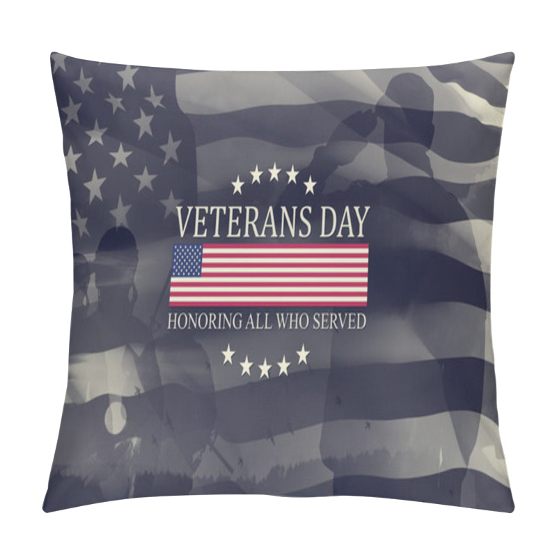 Personality  Silhouettes Of Soldiers Saluting With Text Veterans Day Honoring All Who Served. Black And White American Holiday Typography Poster. Banner, Greeting Card, Postcard. Pillow Covers