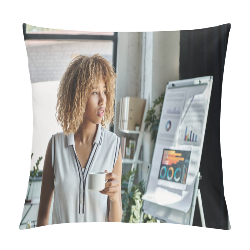 Personality  Curly African American Businesswoman With Braces Holding Cup Of Coffee Beside Charts And Graphs Pillow Covers