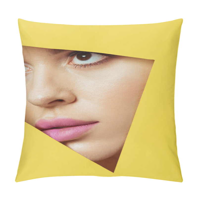 Personality  Woman With Pink Lips Looking Across Triangular Hole In Yellow Paper Pillow Covers