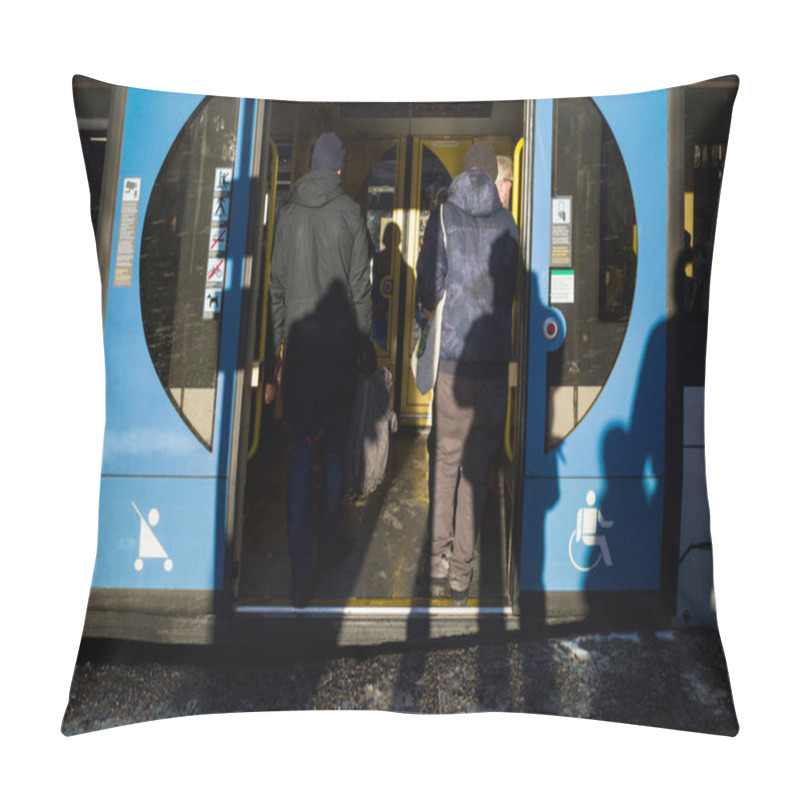 Personality  Stockholm, Sweden Commuters At A Tram Stop  In The Liljeholmen Suburb. Pillow Covers