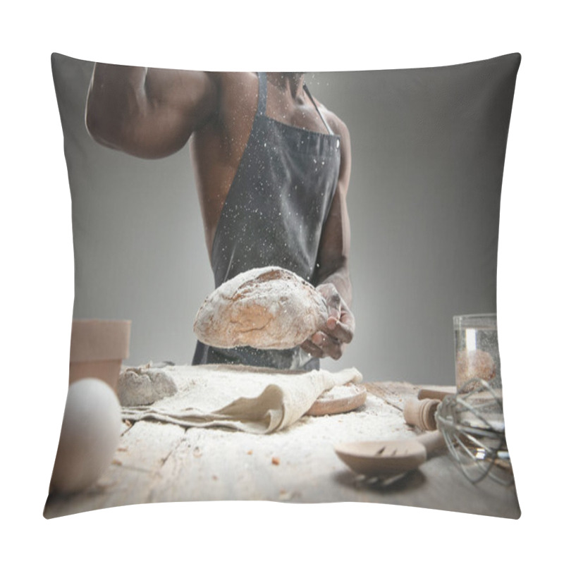 Personality  Close Up Of African-american Man Cooks Bread At Craft Kitchen Pillow Covers