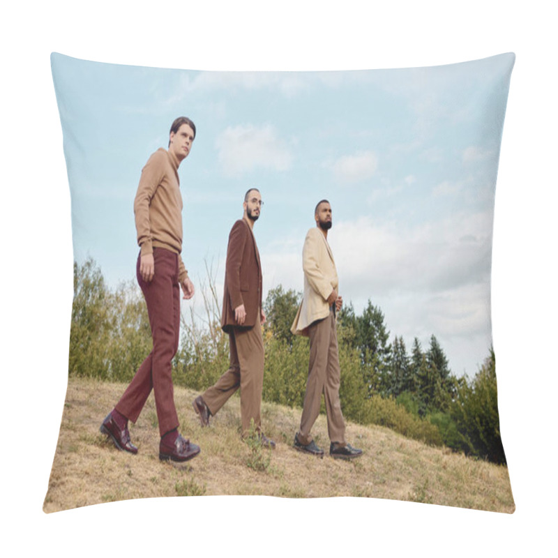 Personality  Three Handsome Men Dressed In Autumn Attire Stroll Confidently Through A Beautiful Field Landscape. Pillow Covers