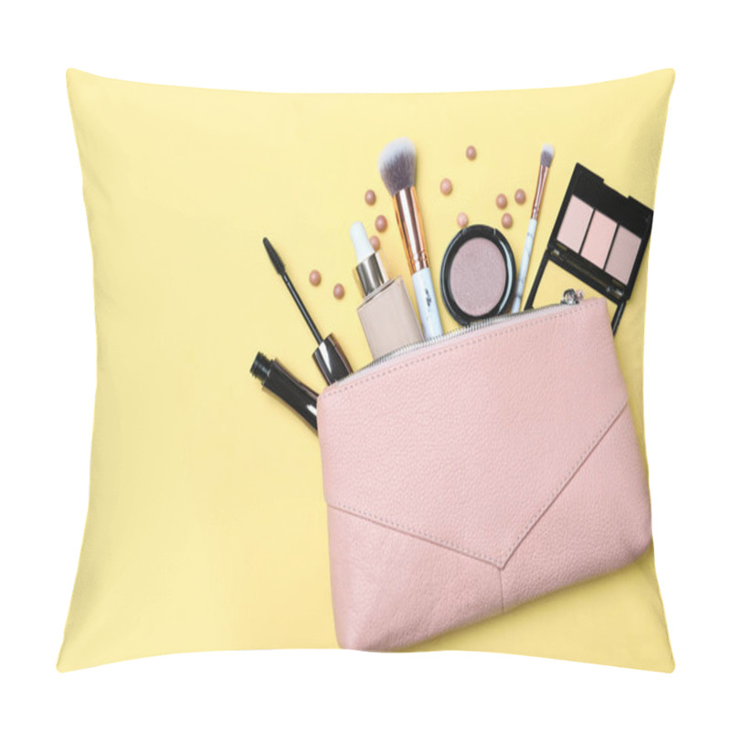 Personality  Cosmetic Bag With Makeup Products And Accessories On Yellow Background, Flat Lay. Space For Text Pillow Covers