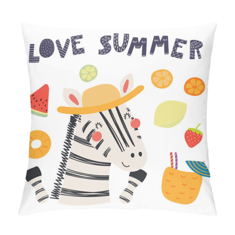 Personality  Hand Drawn In Scandinavian Style Of Cute Funny Zebra In Straw Hat With Summer Elements And  Lettering Quote Love Summer, Vector, Illustration Pillow Covers