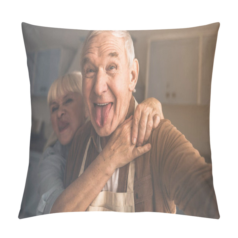 Personality  Excited Mature Man And Woman Making Selfie In Kitchen Pillow Covers