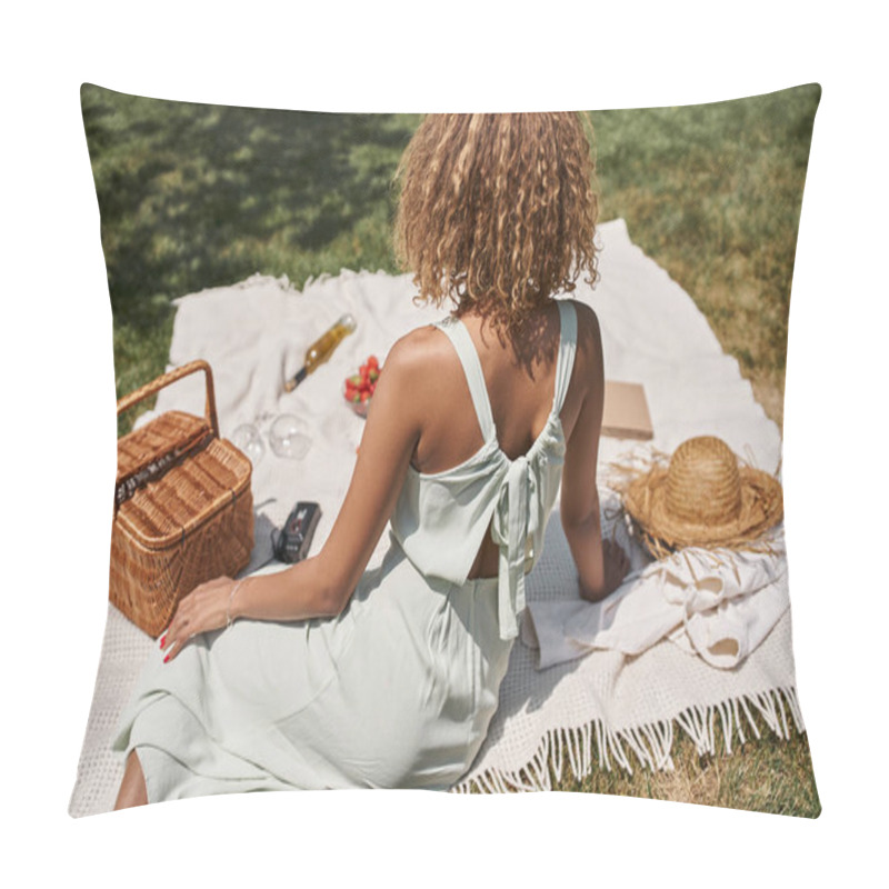 Personality  Summer Picnic In Park, Young African American Woman Sitting On Blanket Near Straw Basket Pillow Covers