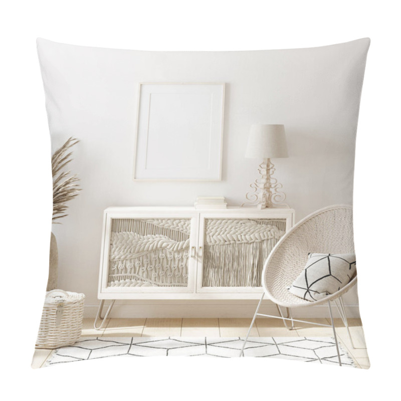 Personality  Mock Up Frame In Home Interior Background, White Room With Natural Wooden Furniture, Scandi-Boho Style, 3d Render Pillow Covers