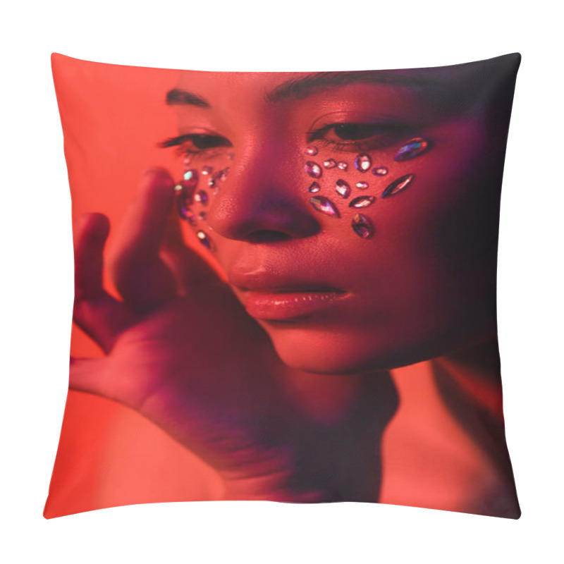 Personality  Beautiful Naked Asian Girl Touching Face With Rhinestones Isolated On Red Pillow Covers