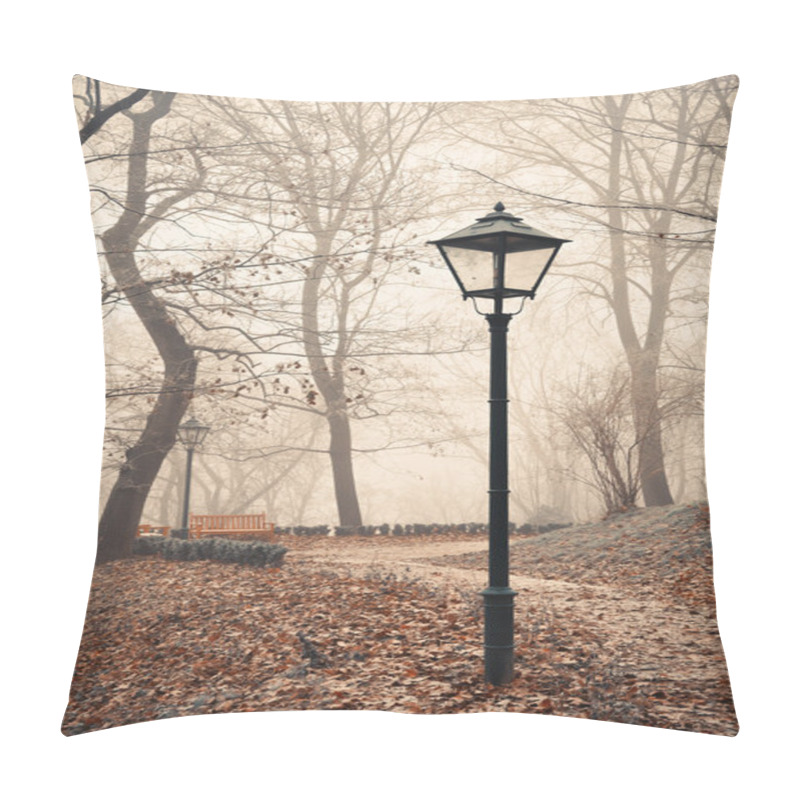 Personality  Street Lamp In Misty Autumn Forest Park Pillow Covers