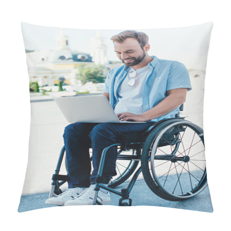 Personality  Handsome Man In Wheelchair Using Laptop On Street Pillow Covers