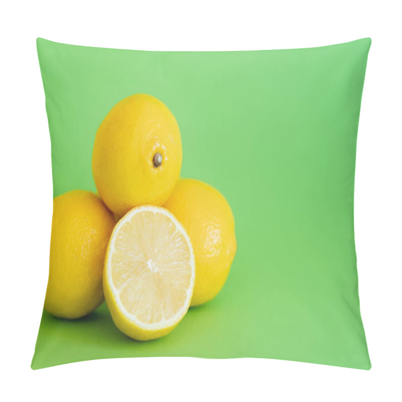 Personality  Half Of Juicy Lemon On Green Surface With Copy Space Pillow Covers