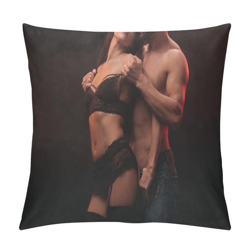 Personality  Cropped View Of Passionate Man Undressing Sexy Girlfriend Isolated On Black Pillow Covers