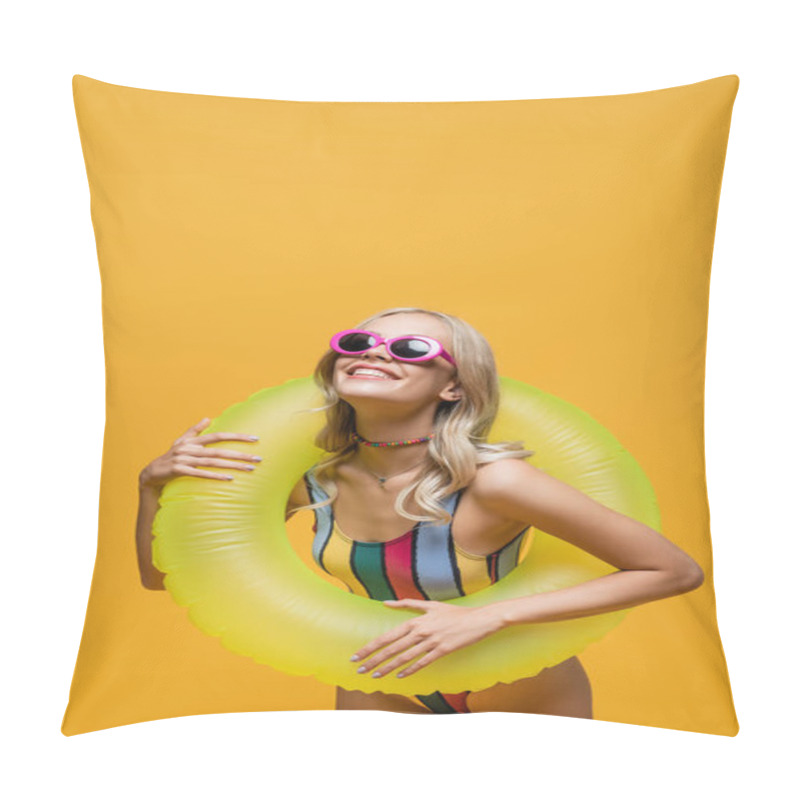 Personality  Joyful Young Woman In Sunglasses And Swimsuit Holding Inflatable Ring Isolated On Yellow Pillow Covers