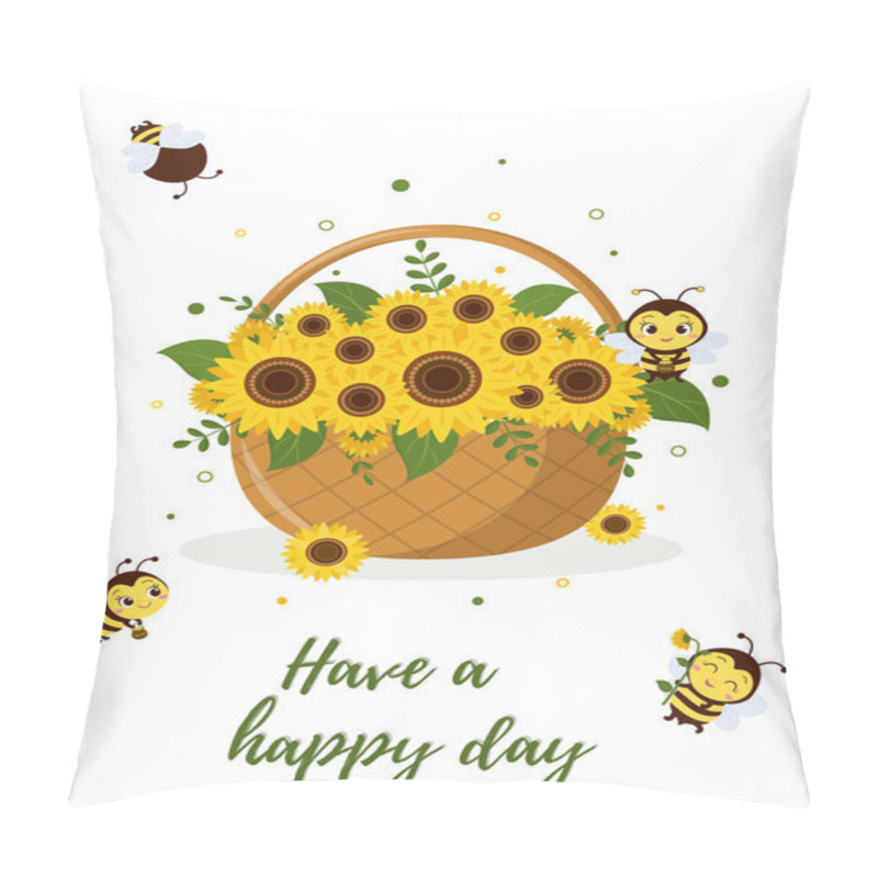 Personality  Postcard Bouquet Of Sunflowers In A Basket And Four Cute Bees On A White Background. Vector Illustration, Cartoon Style. Pillow Covers