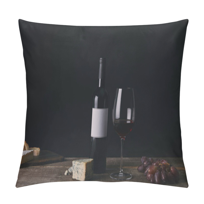 Personality  Bottle Of Wine With Blank Label, Glass Of Red Wine, Cheese And Grapes On Wooden Table Pillow Covers