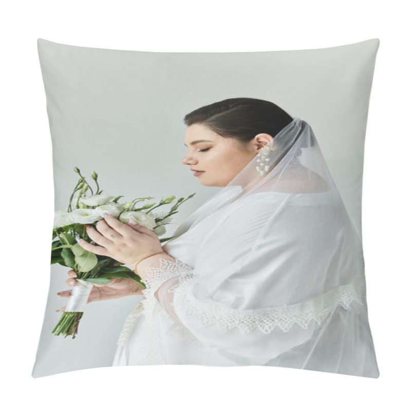 Personality  A Stunning Plus-size Bride Lovingly Admires Her Bouquet While Adorned In A Beautiful White Gown And Veil. Pillow Covers