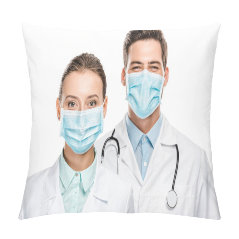 Personality  Portrait Of Happy Young Doctors In Medical Masks Looking At Camera Isolated On White Pillow Covers