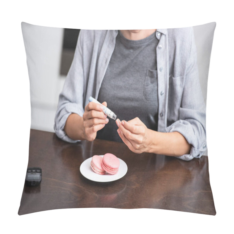 Personality  Cropped View Of Woman Making Test While Holding Blood Lancet  Pillow Covers