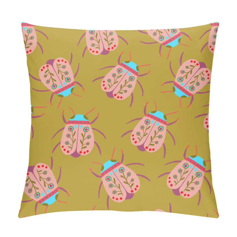 Personality  Stylish Pattern Featuring Bugs With Floral Elements On A Golden, Yellow-green Background. A Complex And Elegant Design With Folk Art Vibes, Perfect For Textiles, Wallpapers, And Creative Projects Pillow Covers