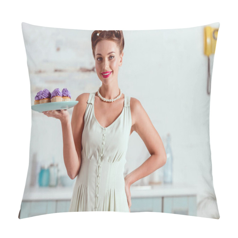 Personality  Beautiful Pin Up Girl Holding Plate Of Cupcakes And Holding Hand On Hip Pillow Covers