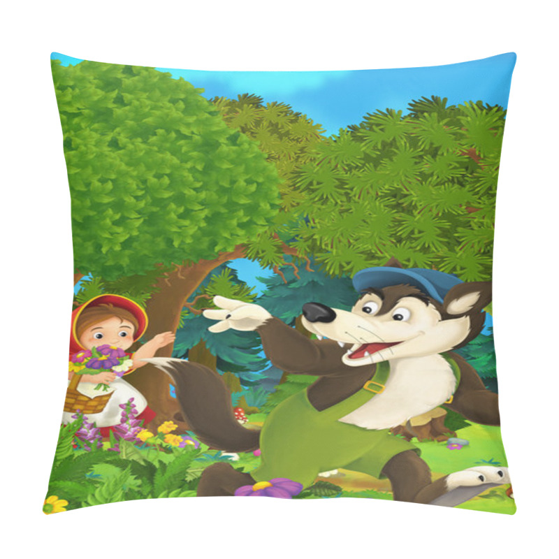 Personality  Cartoon Forest Scene - Wolf Waving Little Girl For Goodbye - Good For Different Fairy Tales - Illustration For The Children Pillow Covers