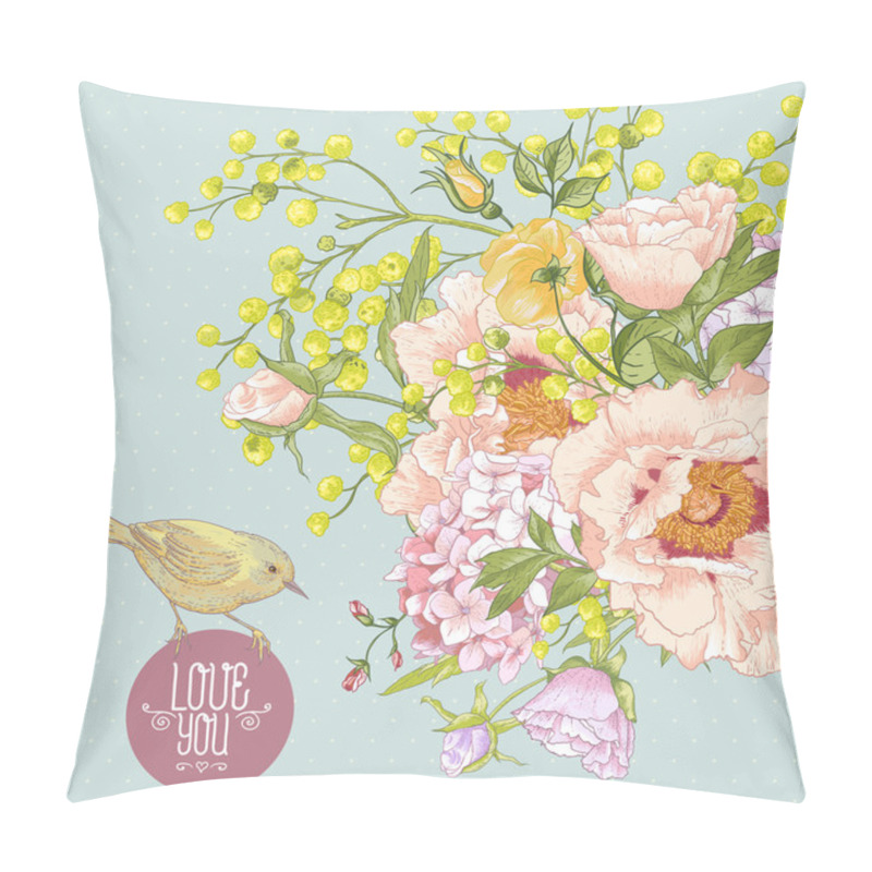 Personality  Spring Floral Bouquet With Birds, Greeting Card Pillow Covers