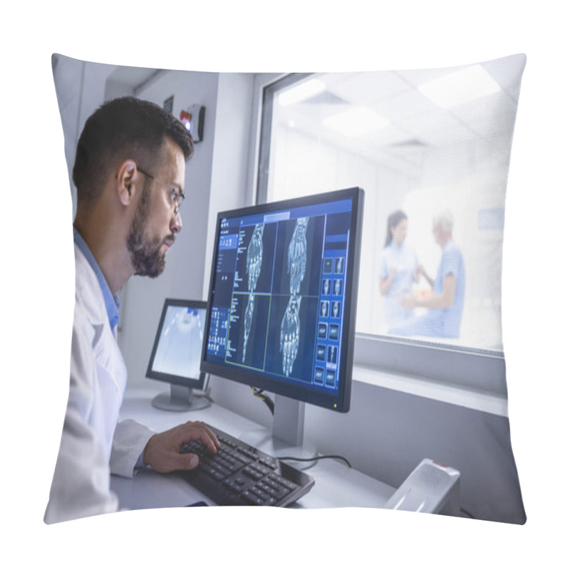 Personality  MRI Diagnostic Center Control Room And Neurologist Examining Patient X-ray Images On Large Display. Pillow Covers