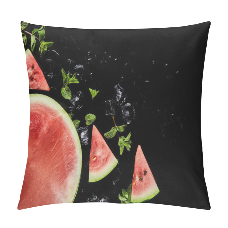 Personality  Top View Of Red Watermelon Slices And Half With Mint And Ice Isolated On Black Pillow Covers