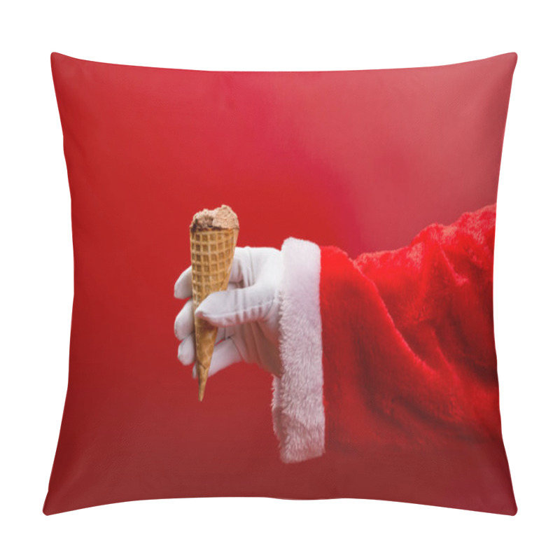 Personality  Santa Claus Holding An Ice Cream Cone With Some Bites On Red Pillow Covers