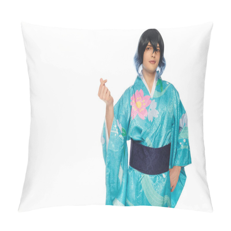 Personality  Young Man In Extravagant Wig And Kimono Showing Mini Heart Gesture With Fingers On White, Cosplayer Pillow Covers