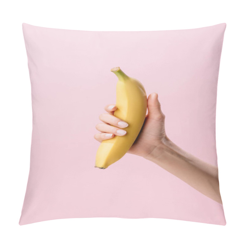 Personality  Cropped Shot Of Woman Holding Banana Isolated On Pink Pillow Covers